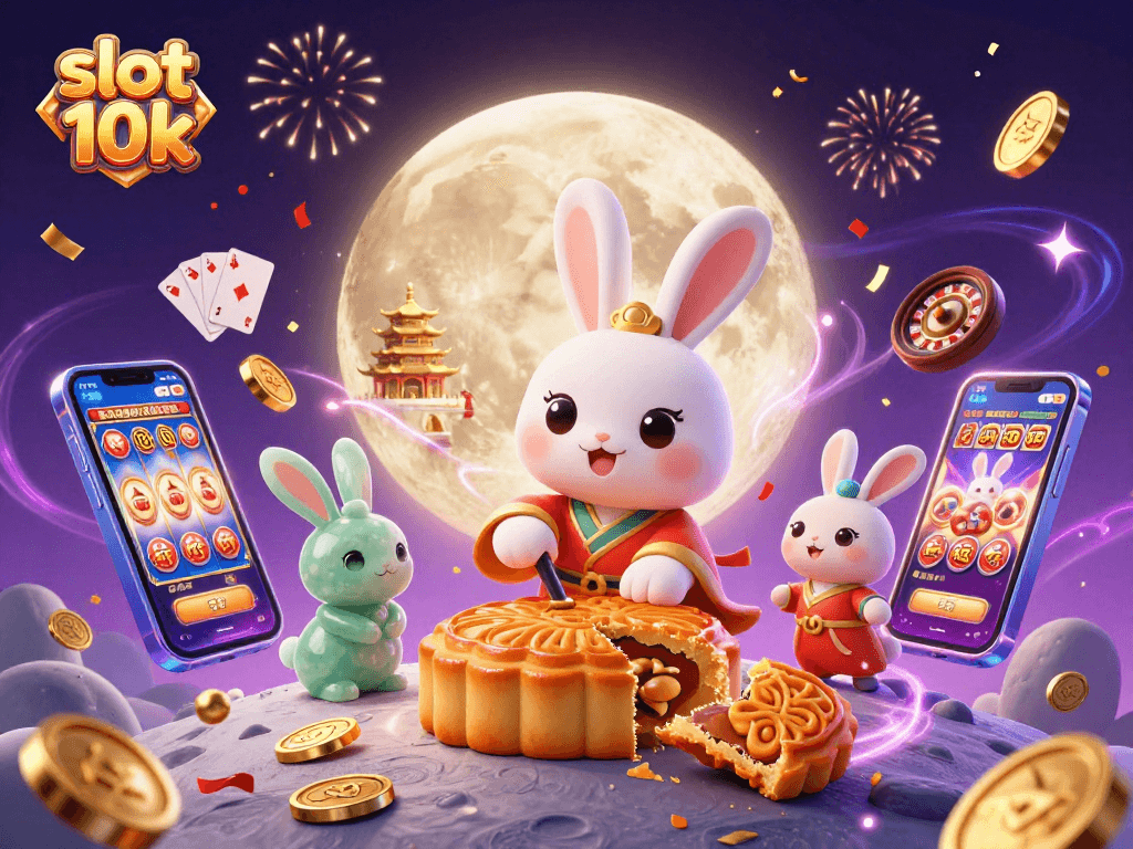 Slot 10k memperlihatkan kelinci bulan dalam perayaan, dengan karakter yang mengeluarkan chip poker dari kue bulan.