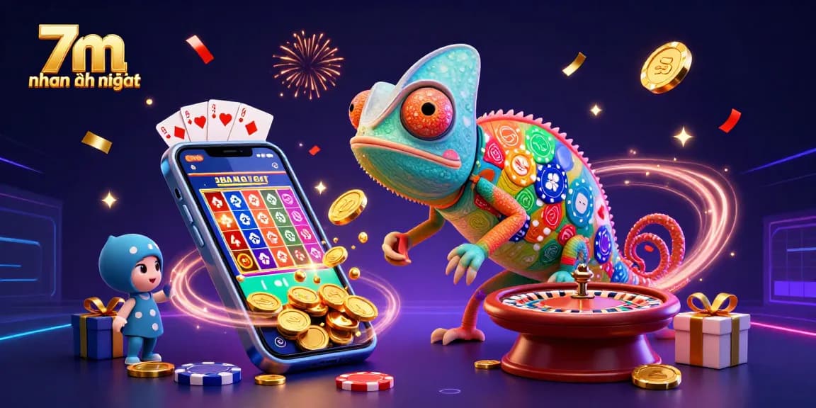 Engage in thrilling gameplay with 7m nhanh nhất, featuring a vibrant chameleon casino owner and exciting game elements.