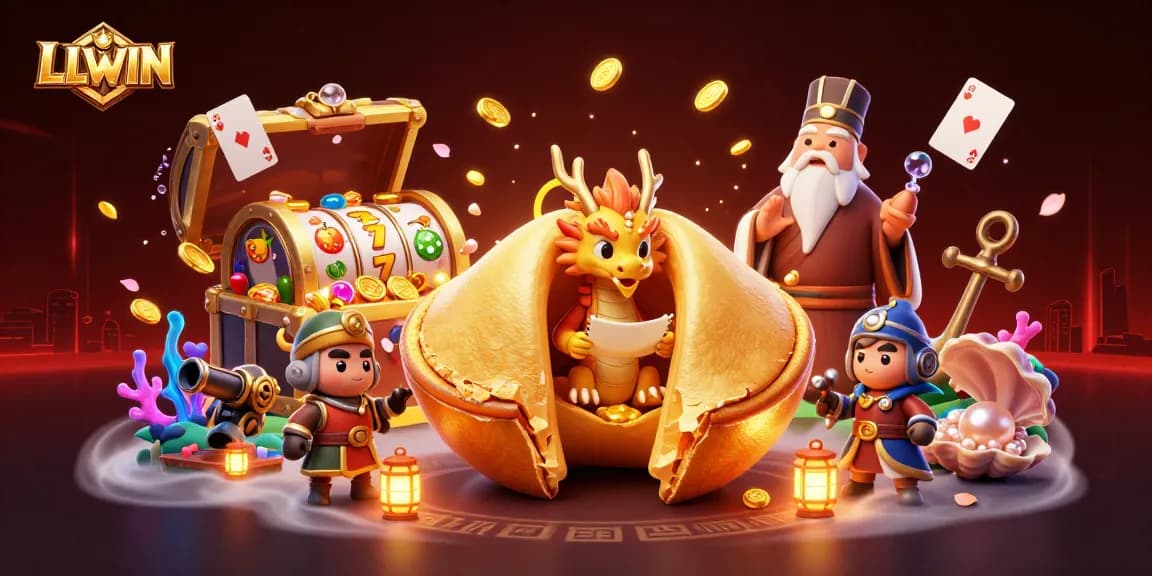 LLWIN casino featuring a golden fortune cookie and dragon amid vibrant slot elements and treasures.