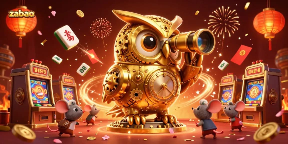 Engage with zaobao at a lively casino scene featuring a golden owl and animated patrons.
