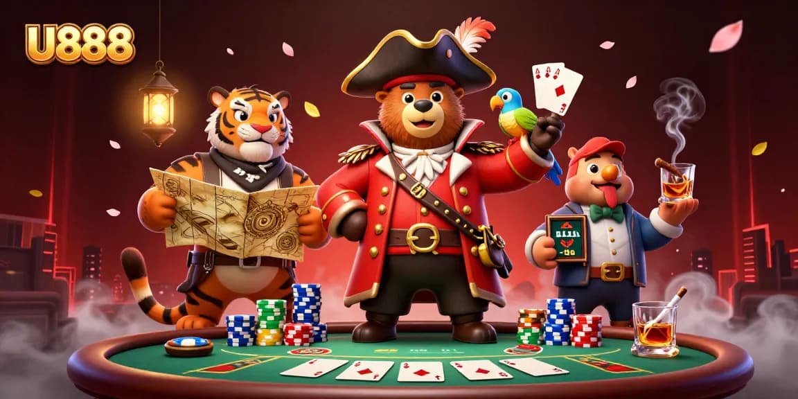 U888 players strategizing with a poker table stacked with chips and cards in an engaging 3D casino scene.