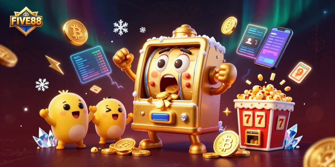 Spin and win big at FIVE88 with joyful slot machines and dazzling crypto elements in a vibrant casino scene.
