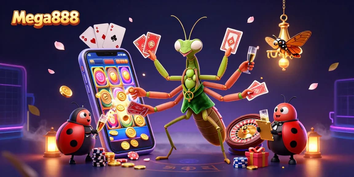 Experience mega888's thrilling slots with a giant mantis dealer and ladybug pit boss in a colorful casino scene