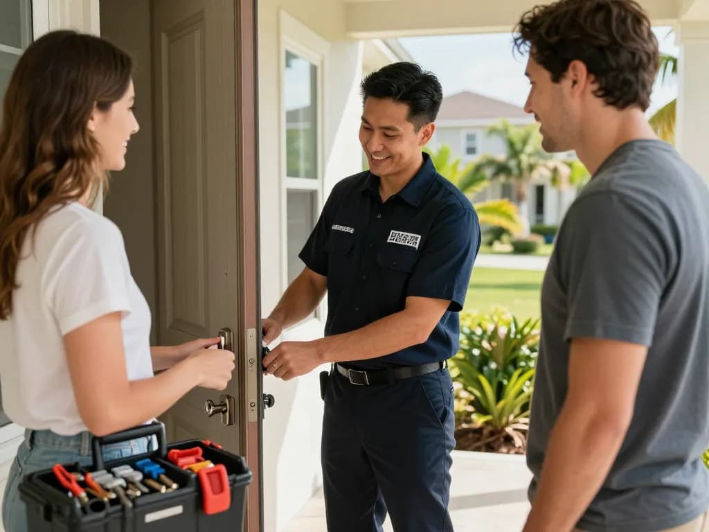 Locksmith in Jensen Beach installing a new lock at a home, showcasing professional services.