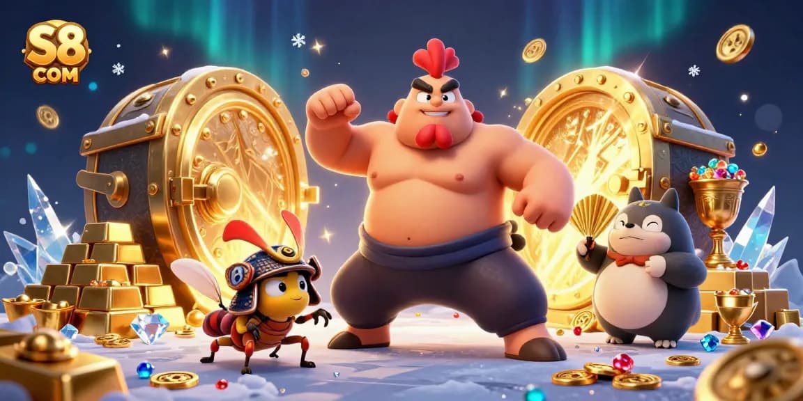 S8 COM showcases exciting casino action with dynamic characters surrounded by treasure and gems.
