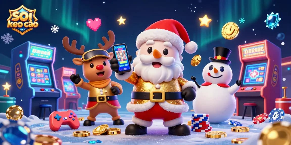 Engaging illustration featuring friendly Santa in a casino atmosphere displaying soi keo nha cái and festive gaming elements.