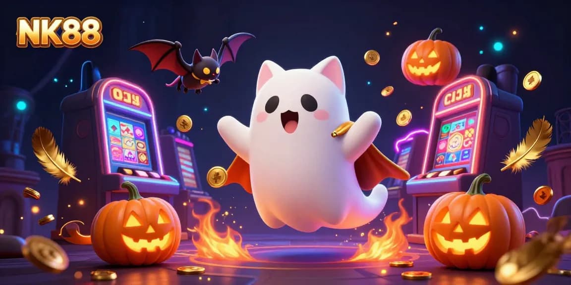 Experience exciting wins at NK88 with the ghost cat and friends in a vibrant casino scene.