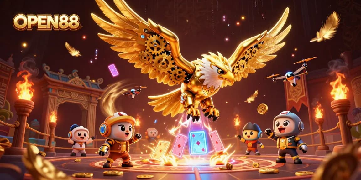 Experience the thrill of OPEN88 gaming with a spectacular 3D scene featuring a cybernetic eagle and holographic cards.
