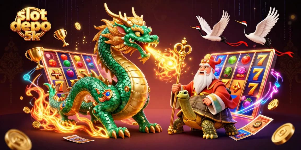 Engage with slot depo 5k gameplay, featuring vibrant slot reels, golden fire dragon, and lucky symbols.