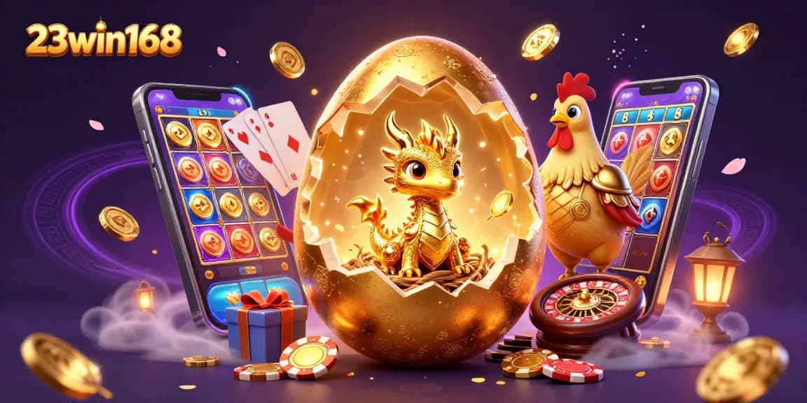 Experience the excitement of 23win168 with a dynamic scene featuring a golden dragon among casino elements.