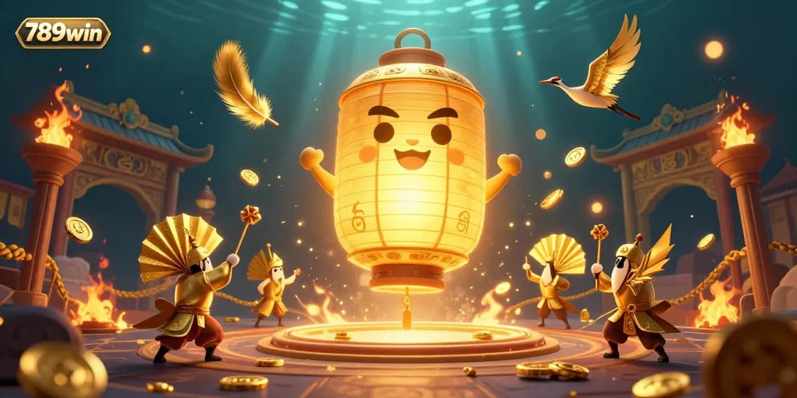 Experience the excitement of 789win with a glowing lantern spirit at a vibrant casino backdrop featuring golden elements.