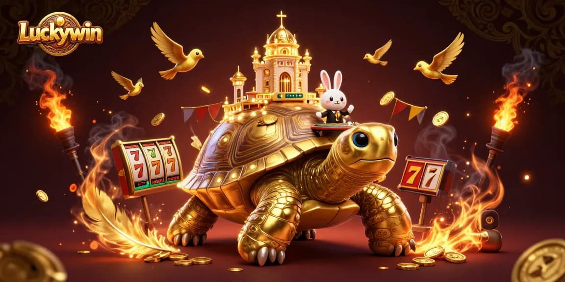 Experience the thrill of Luckywin with a 3D tortoise casino scene featuring vibrant characters and slot games.