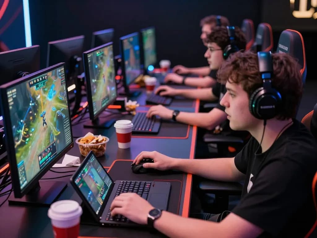 Players competing in an intense game online tournament, showcasing vibrant screens and focused expressions.