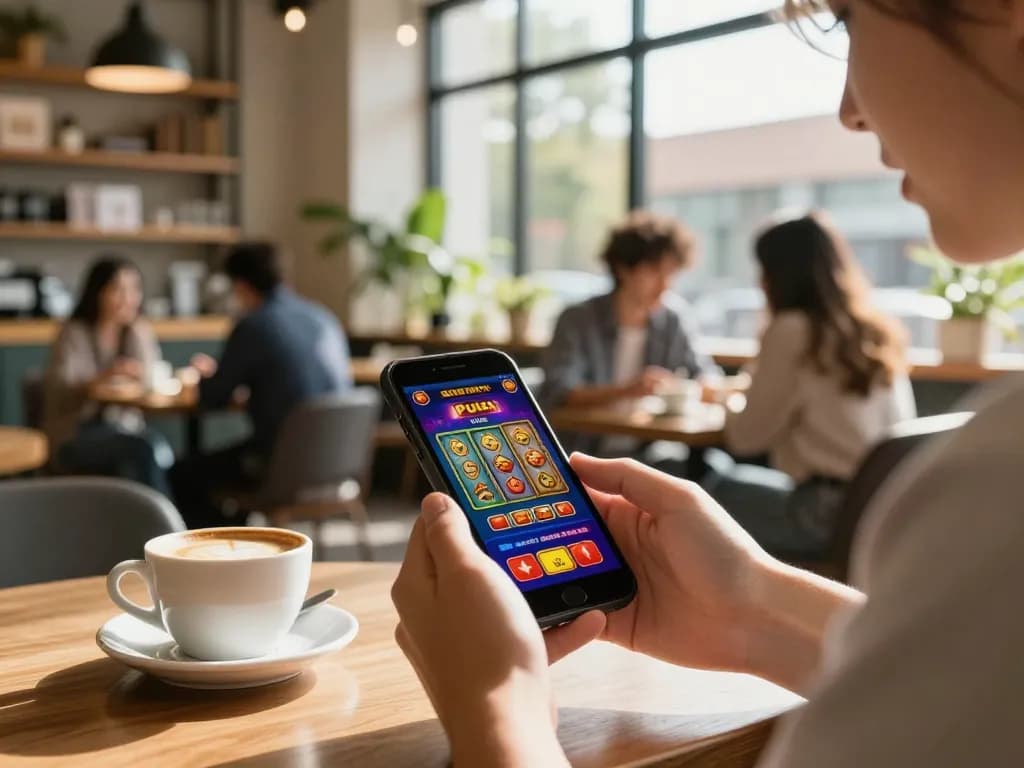 Engaging with Slot Pulsa game on smartphone in a cozy coffee shop setting