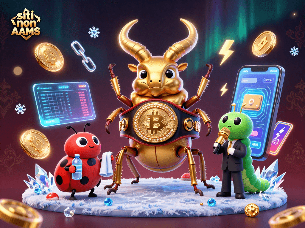 Giochi da casinò nei siti non AAMS con un'illustrazione 3D vibrante di personaggi cartoon e elementi crypto.