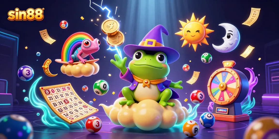Experience sin88's excitement with a storm of golden coins and vibrant lottery elements in this 3D casino illustration.
