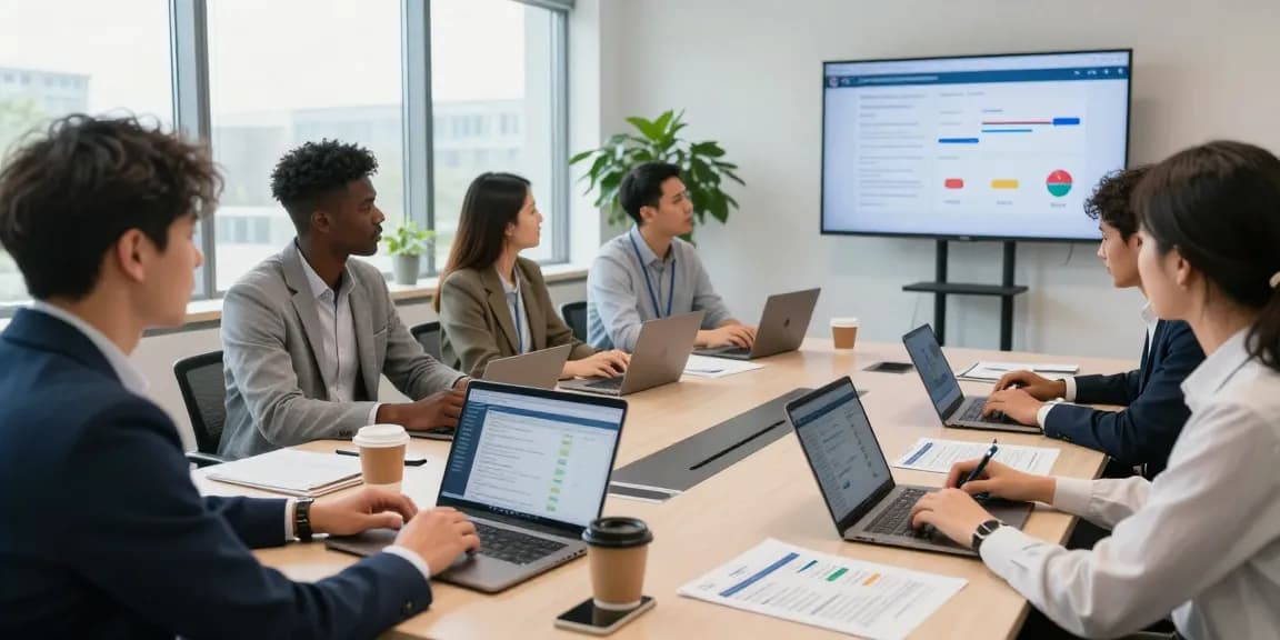 Business professionals discussing business mobile contracts UK in a modern office environment.