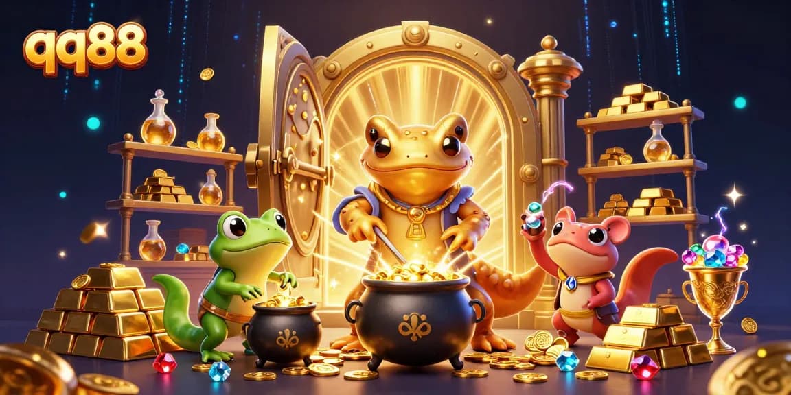 Experience thrilling gameplay with qq88's golden alchemist and treasure in a captivating 3D illustration.