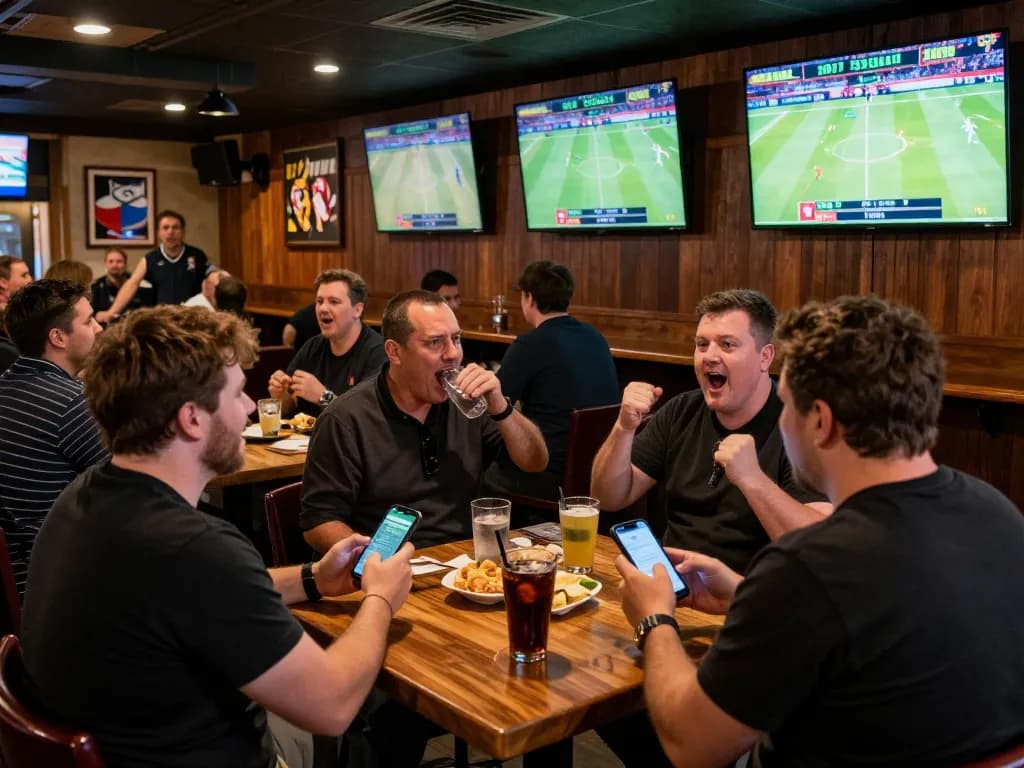 Experience the excitement of sports betting at Oddy with fans cheering and engaging with live games.