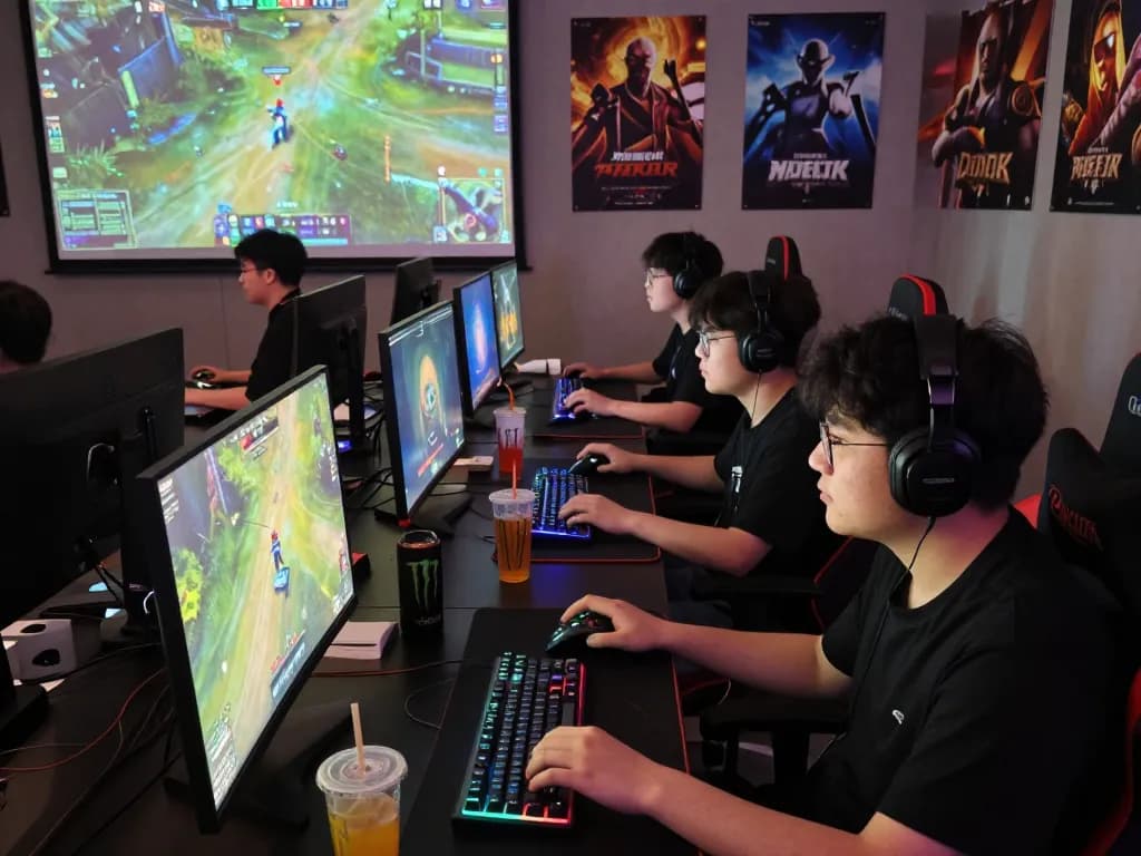 Players enjoying an immersive gaming experience at ligasedayu.com with colorful LED setups and intense competition atmosphere.