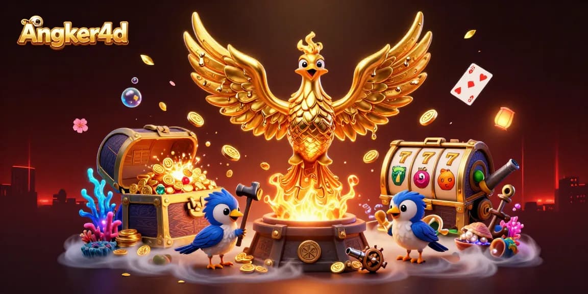 Gambarlah Angker4d dengan phoenix emas dan simbol slot dalam kasino digital yang menarik.