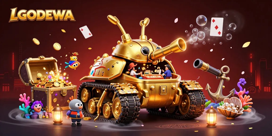 Engaging players at LGODEWA with immersive casino experience inside a golden tank illustration.