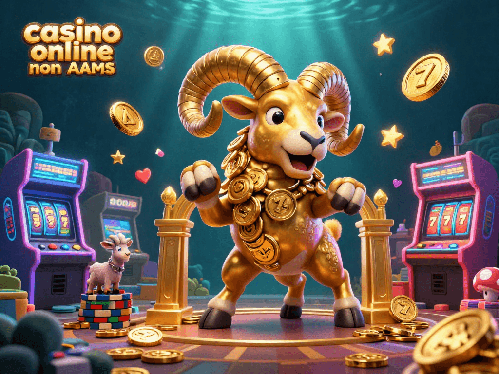 Scopri il mondo dei giochi nei casino online non AAMS con un montone d'oro carico di vincite e macchine arcade.