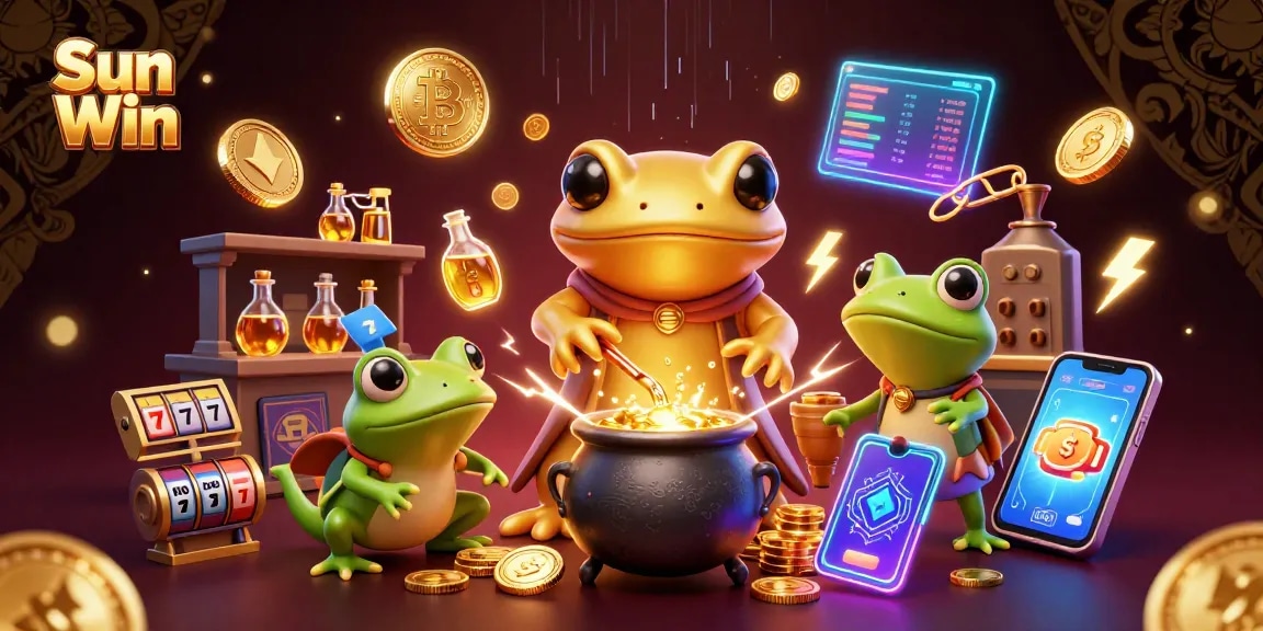 Level up your game with Sun Win at this vibrant casino scene featuring golden elements and crypto symbols.
