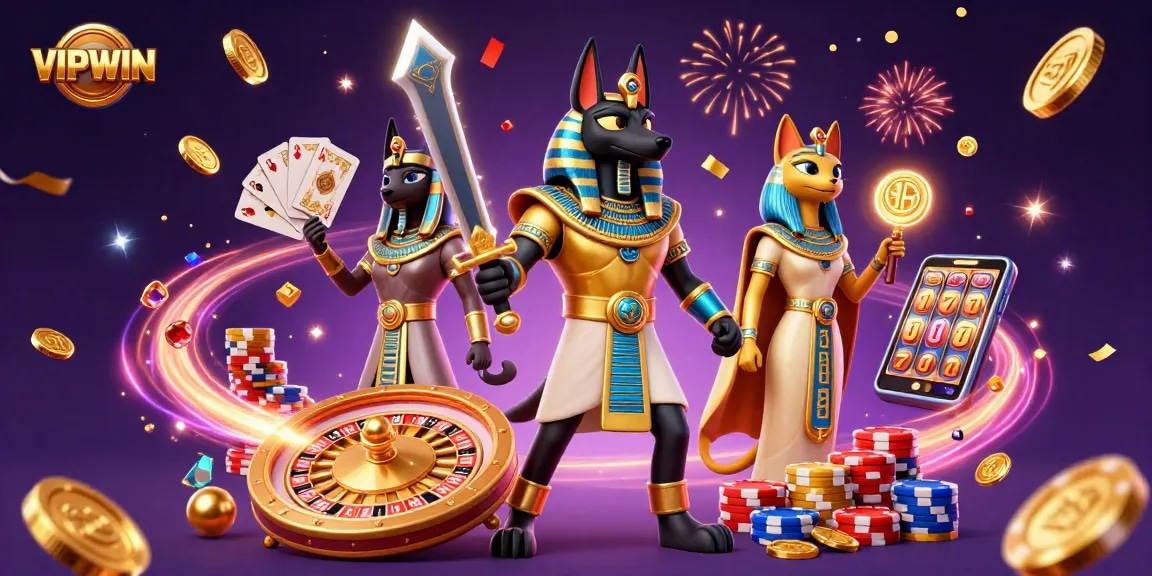 Experience exciting gameplay at VIPWIN with Anubis and Bastet amidst vibrant casino elements.