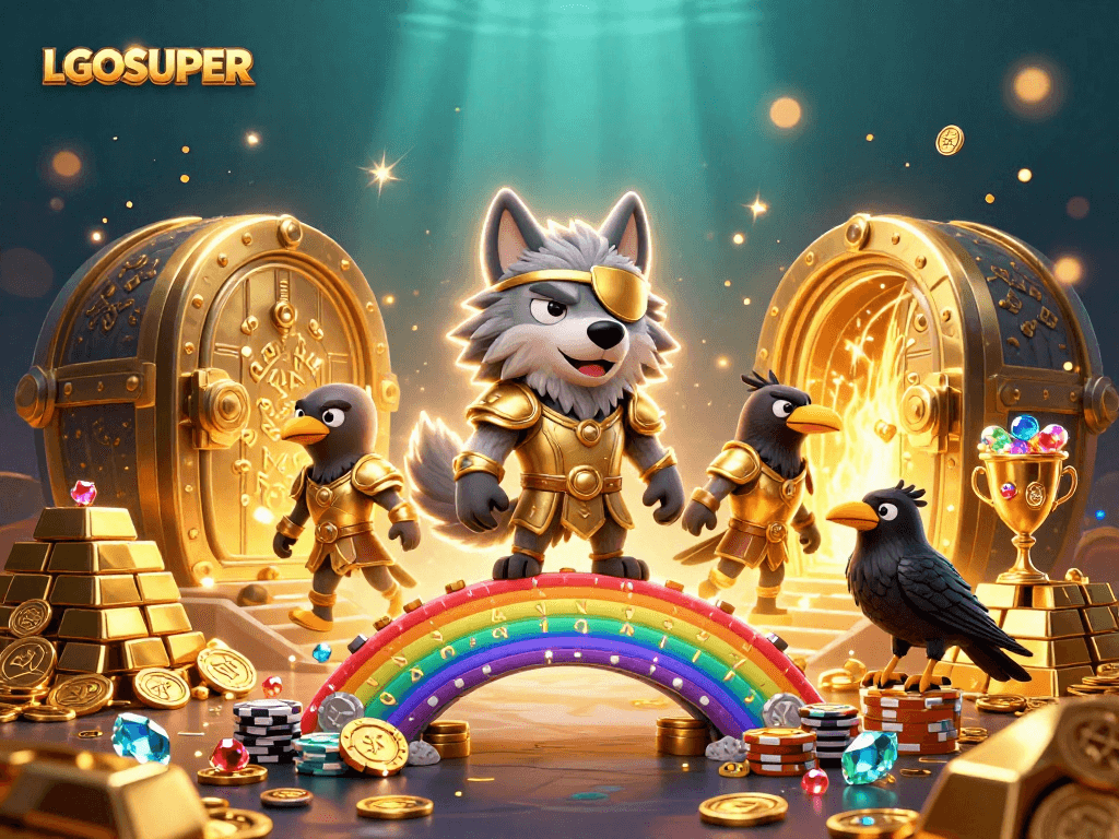 Experience the excitement of LGOSUPER with Odin and ravens amidst casino treasure.