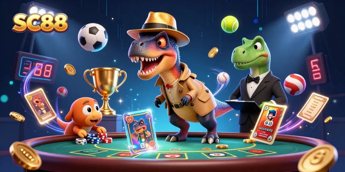 SC88 showcases a velociraptor counter at a blackjack table amidst dynamic sports betting elements.