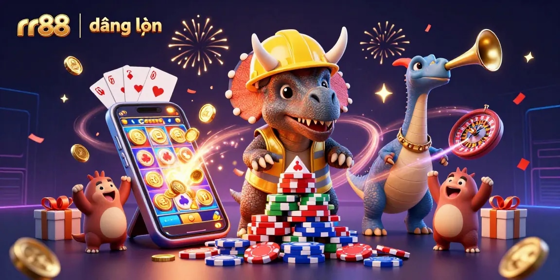 Experience rr88 | đăng nhập with lively characters celebrating a big win surrounded by casino elements.
