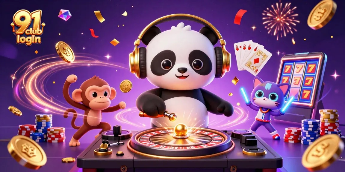 Engage in 91 club login with a vibrant 3D illustration showcasing a DJ panda, monkey, and kitten amidst dynamic casino elements.