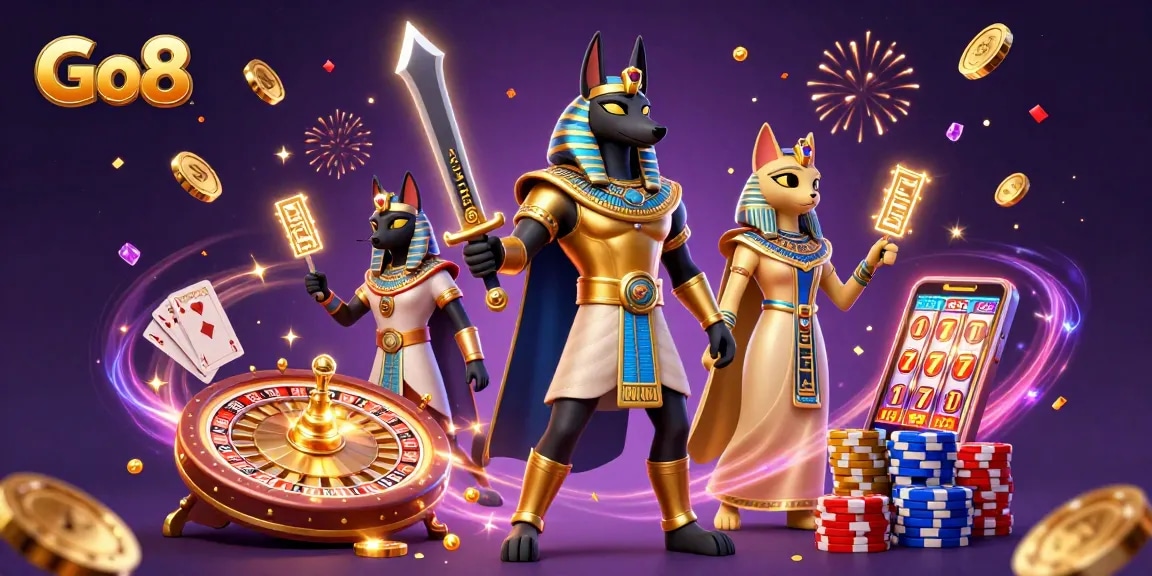 Experience the thrill of gambling with Go8's captivating 3D casino illustration featuring Anubis and Bastet.
