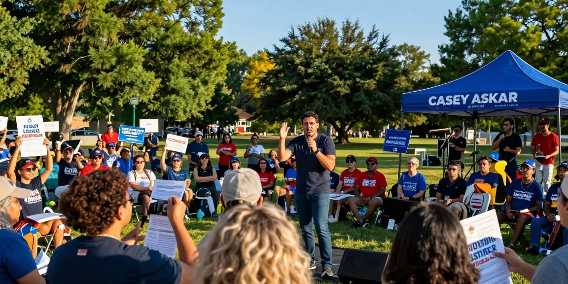 Casey Askar energizing supporters at a vibrant campaign rally, showcasing community engagement and a hopeful atmosphere.