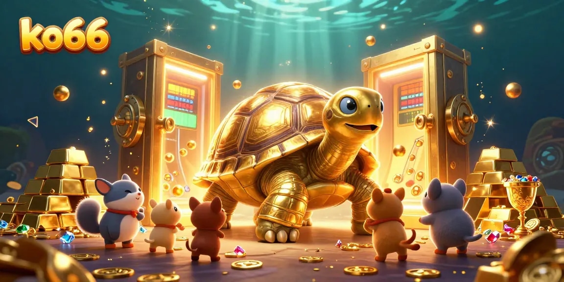 Engage in thrilling gaming action with the ko66 colossal golden tortoise as the centerpiece of this vibrant casino illustration.