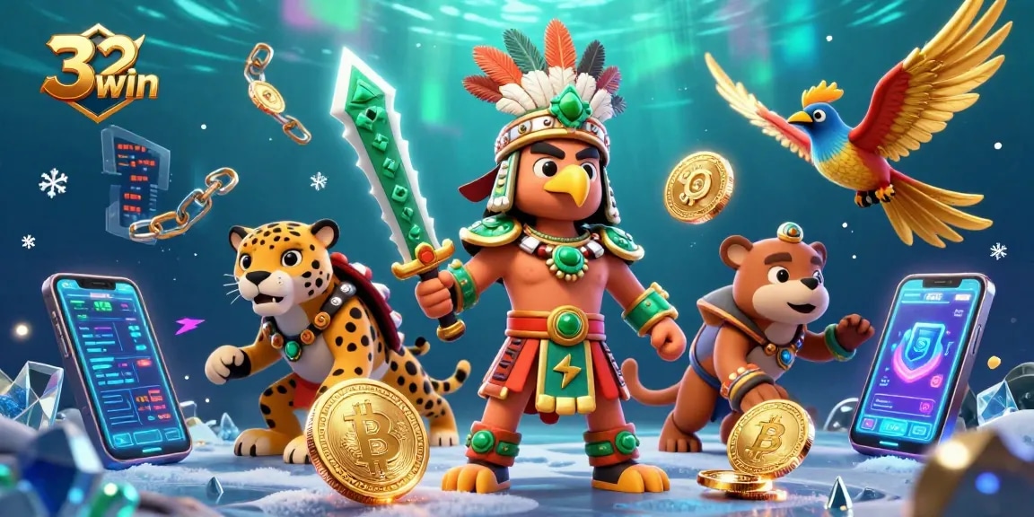 Engage with 32win's thrilling crypto casino adventure featuring vibrant Aztec warriors and digital elements.