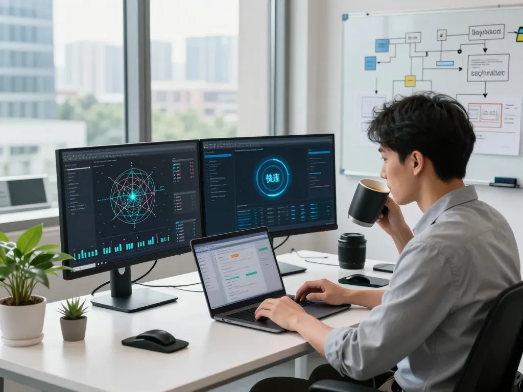 快连 user optimizing network settings in a modern tech workspace, showcasing productivity and security.