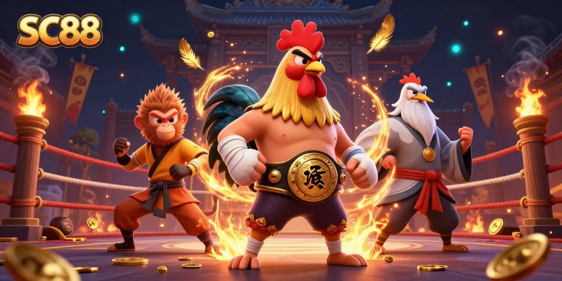 Experience thrilling action with SC88's Muay Thai rooster and martial artists in this vibrant casino scene.