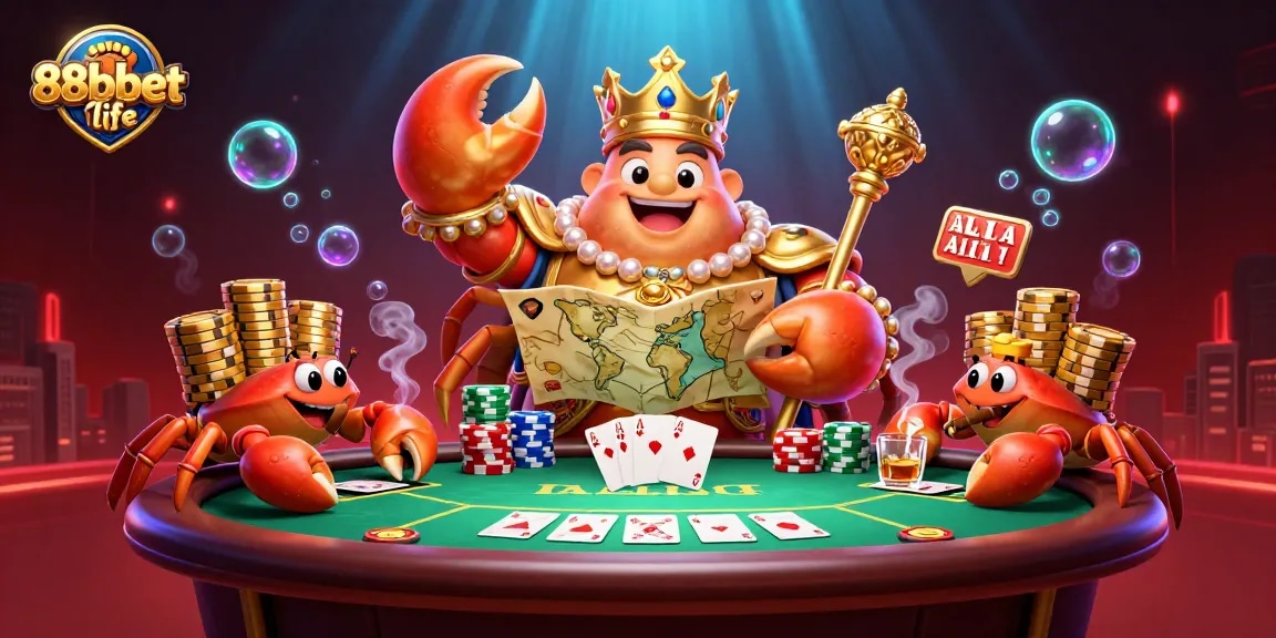 Bet at 88bbet life with the golden crab emperor presiding over a vibrant casino scene.