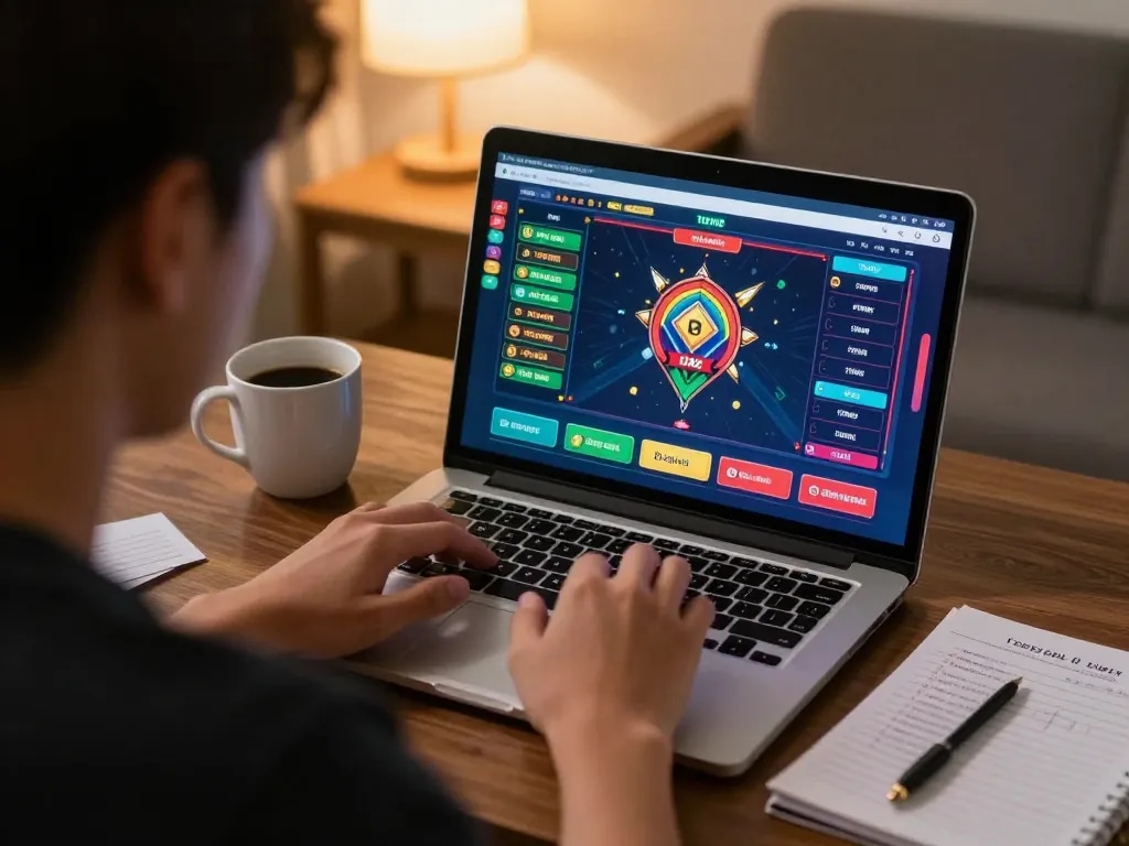 Player enjoying togel online gaming at home, focusing on live game interface and strategies.