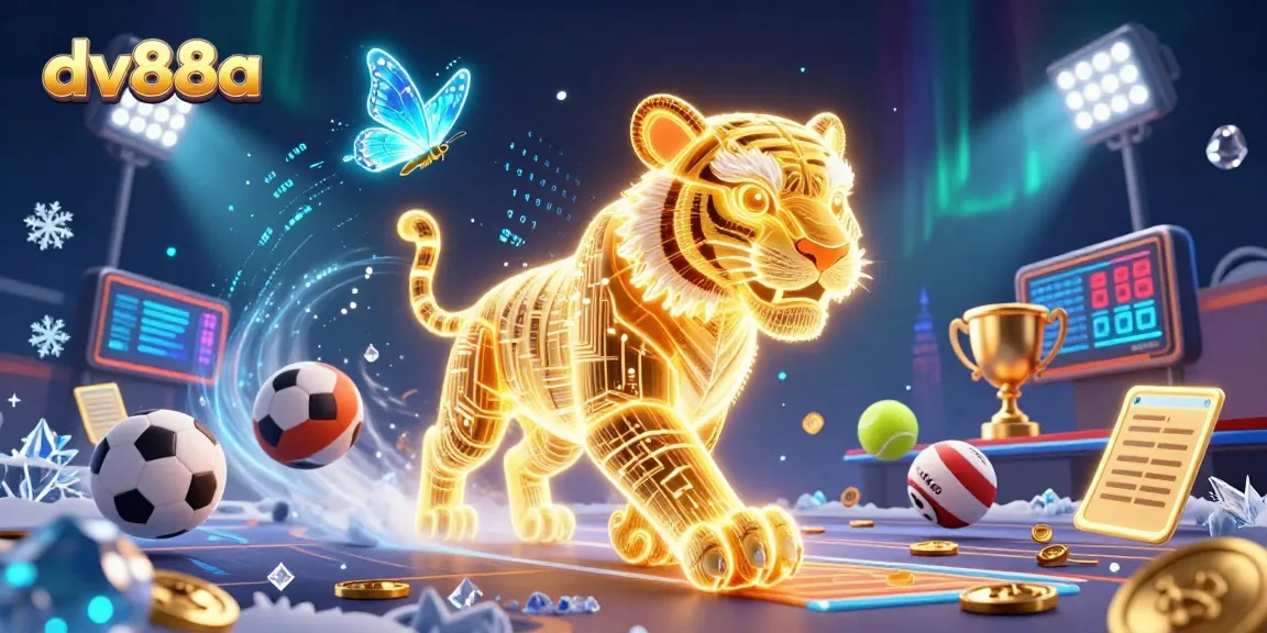 Experience thrilling bets at dv88a with a vibrant scene showcasing a 3D golden tiger in a casino setting.