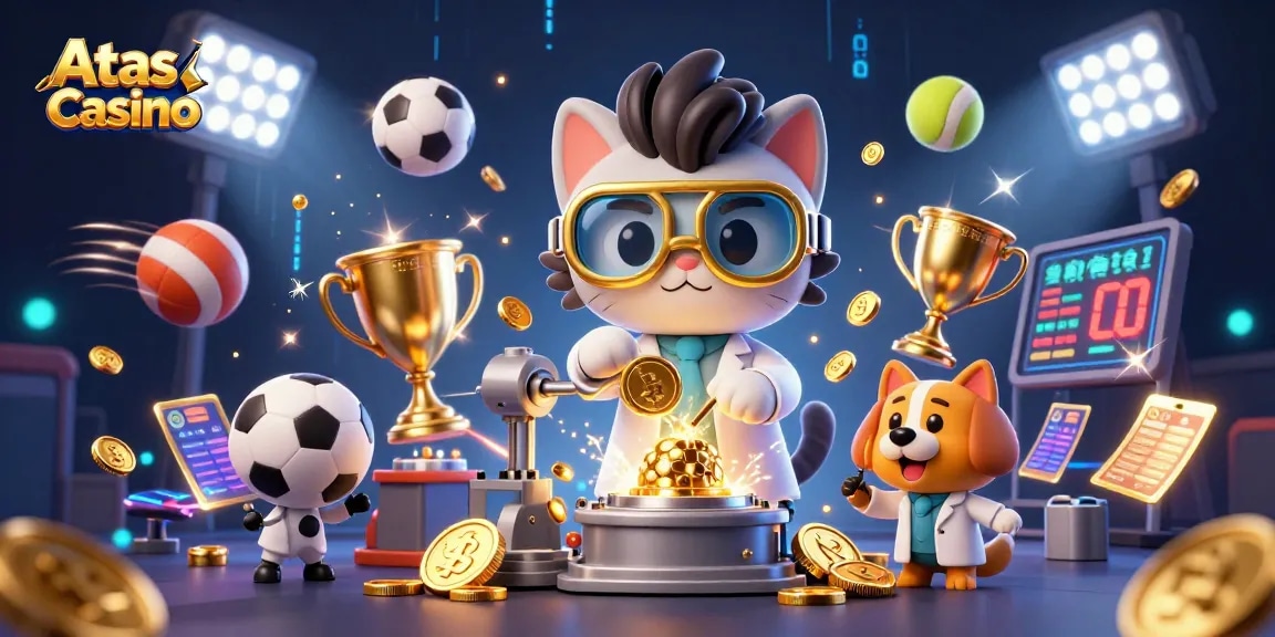 Engage with the Atas Casino experience featuring a vibrant 3D scene with a mad scientist cat and sports elements.