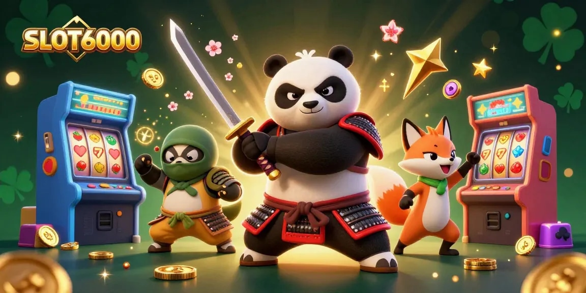 Experience the thrills of SLOT6000 with our dynamic 3D gaming scene featuring samurai panda and ninja fox.