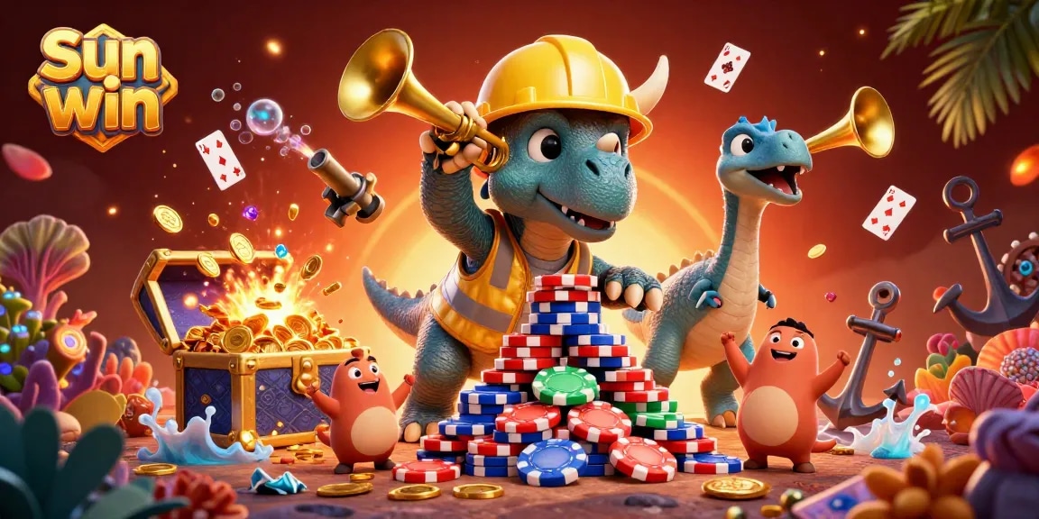 Engage in the vibrant world of Sun win with a dynamic scene featuring a triceratops and celebration in a casino.