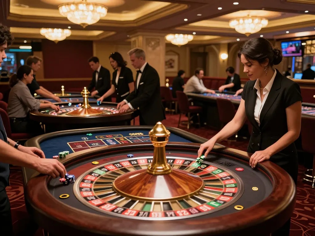 Experience thrilling roulette gameplay at GG88 casino with players engaged, vibrant atmosphere, and croupiers in action.