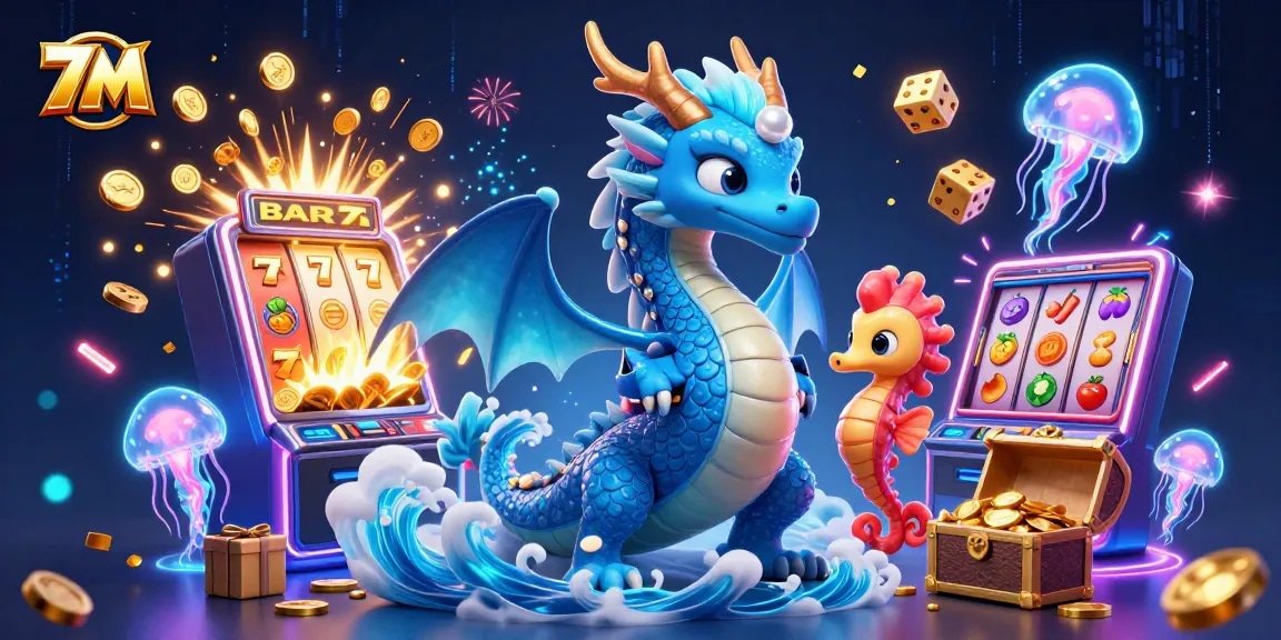 Experience the thrilling 7M casino environment with vibrant characters and dynamic slot elements.