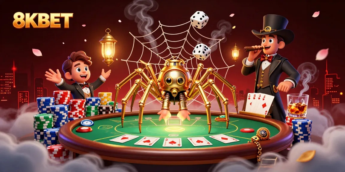 Experience the thrill of gambling with 8KBET's lively 3D casino scene featuring dynamic game elements.
