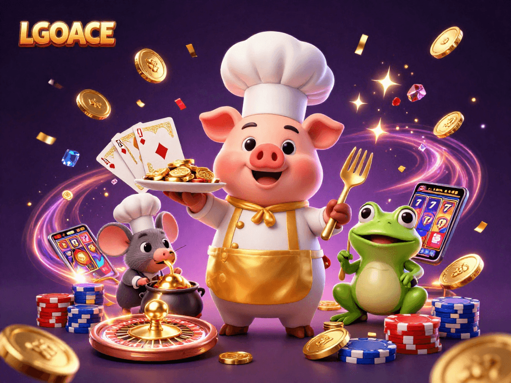 Experience the thrill of winning with LGOACE, featuring a vibrant casino scene full of gold coins and lively characters.