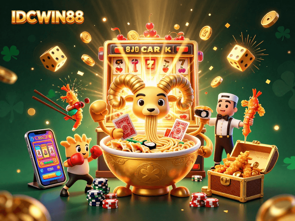 Engage with IDCWIN88 through an exciting 3D casino illustration showcasing unique game characters and vibrant gambling elements.
